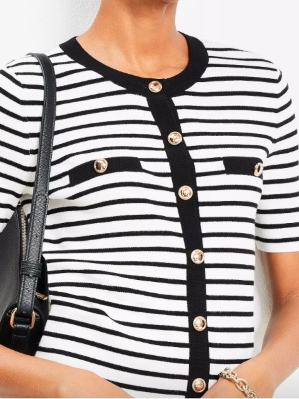LOFT Petite White/Black Short-Sleeve Knit Top w/Gold Buttons - XS XSP NWT